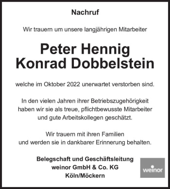 Traueranzeige von Peter Hennig, Konrad Dobbelstein  von Magdeburger Volksstimme