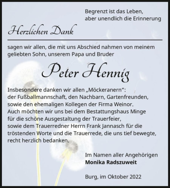 Traueranzeige von Peter Hennig  von Magdeburger Volksstimme