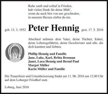 Traueranzeige von Peter Hennig  von Magdeburger Volksstimme