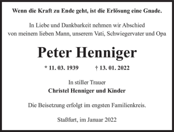 Traueranzeige von Peter Henniger  von Magdeburger Volksstimme