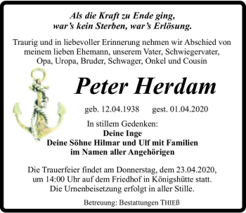 Traueranzeige von Peter Herdam  von Magdeburger Volksstimme