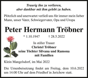 Traueranzeige von Peter Hermann Tröbner  von Magdeburger Volksstimme
