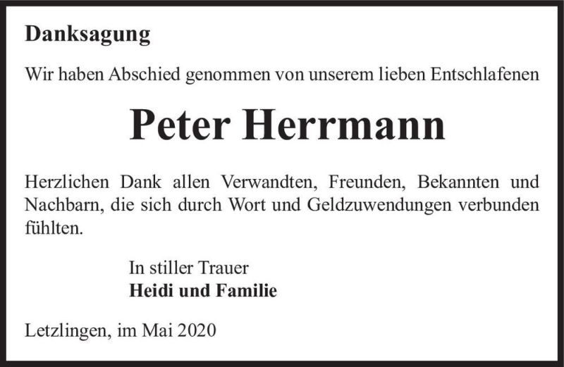  Traueranzeige für Peter Herrmann  vom 23.05.2020 aus Magdeburger Volksstimme