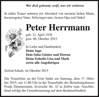 Traueranzeige von Peter Herrmann  von Magdeburger Volksstimme