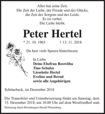 Traueranzeige von Peter Hertel  von Magdeburger Volksstimme