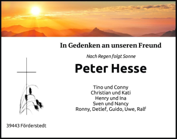 Traueranzeige von Peter Hesse  von Magdeburger Volksstimme