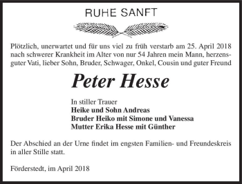 Traueranzeige von Peter Hesse  von Magdeburger Volksstimme