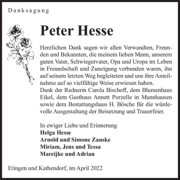 Traueranzeige von Peter Hesse  von Magdeburger Volksstimme