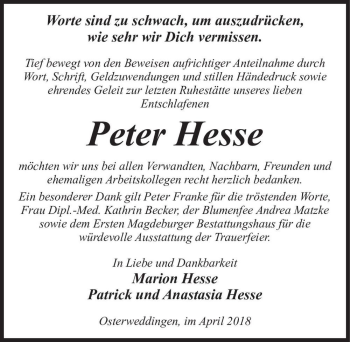 Traueranzeige von Peter Hesse  von Magdeburger Volksstimme
