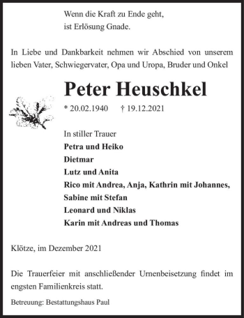Traueranzeige von Peter Heuschkel  von Magdeburger Volksstimme