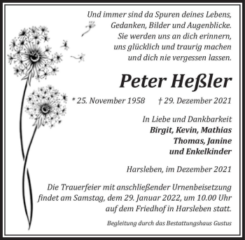 Traueranzeige von Peter Heßler  von Magdeburger Volksstimme