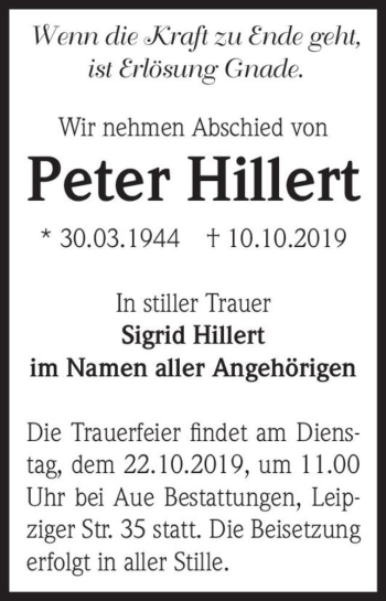 Traueranzeige von Peter Hillert  von Magdeburger Volksstimme