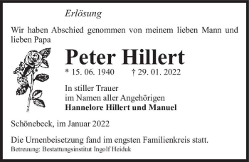 Traueranzeige von Peter Hillert  von Magdeburger Volksstimme