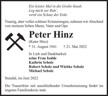 Traueranzeige von Peter Hinz ( Kater Hinz )  von Magdeburger Volksstimme
