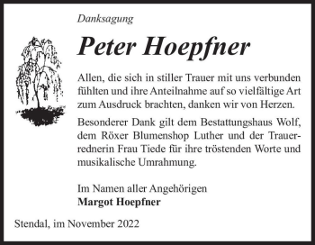 Traueranzeige von Peter Hoepfner  von Magdeburger Volksstimme