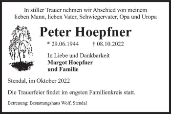 Traueranzeige von Peter Hoepfner  von Magdeburger Volksstimme