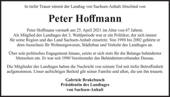 Traueranzeige von Peter Hoffmann  von Magdeburger Volksstimme