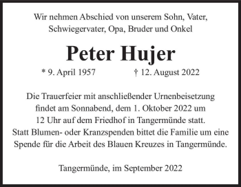 Traueranzeige von Peter Hujer  von Magdeburger Volksstimme