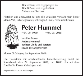 Traueranzeige von Peter Hummel  von Magdeburger Volksstimme