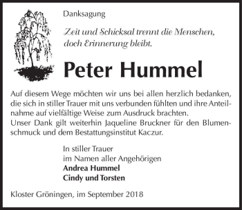Traueranzeige von Peter Hummel  von Magdeburger Volksstimme