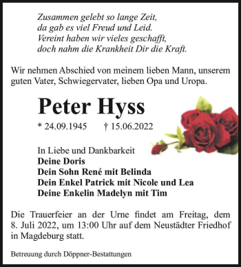 Traueranzeige von Peter Hyss  von Magdeburger Volksstimme