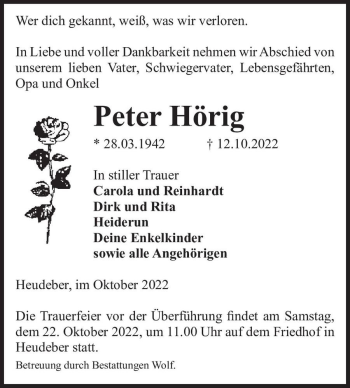 Traueranzeige von Peter Hörig  von Magdeburger Volksstimme