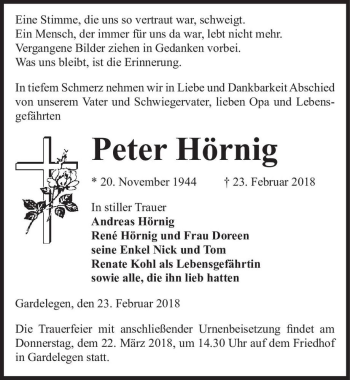 Traueranzeige von Peter Hörnig  von Magdeburger Volksstimme