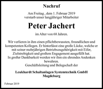 Traueranzeige von Peter Jachert  von Magdeburger Volksstimme