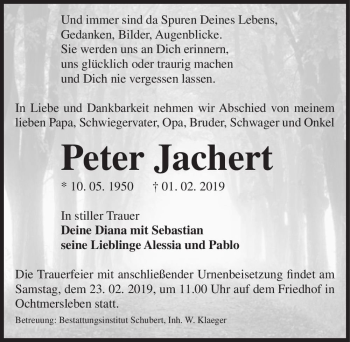Traueranzeige von Peter Jachert  von Magdeburger Volksstimme