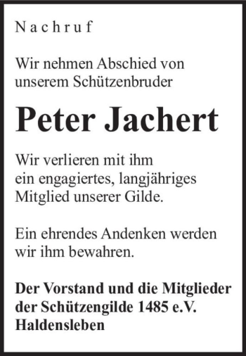 Traueranzeige von Peter Jachert  von Magdeburger Volksstimme
