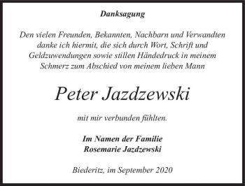 Traueranzeige von Peter Jazdzewski  von Magdeburger Volksstimme