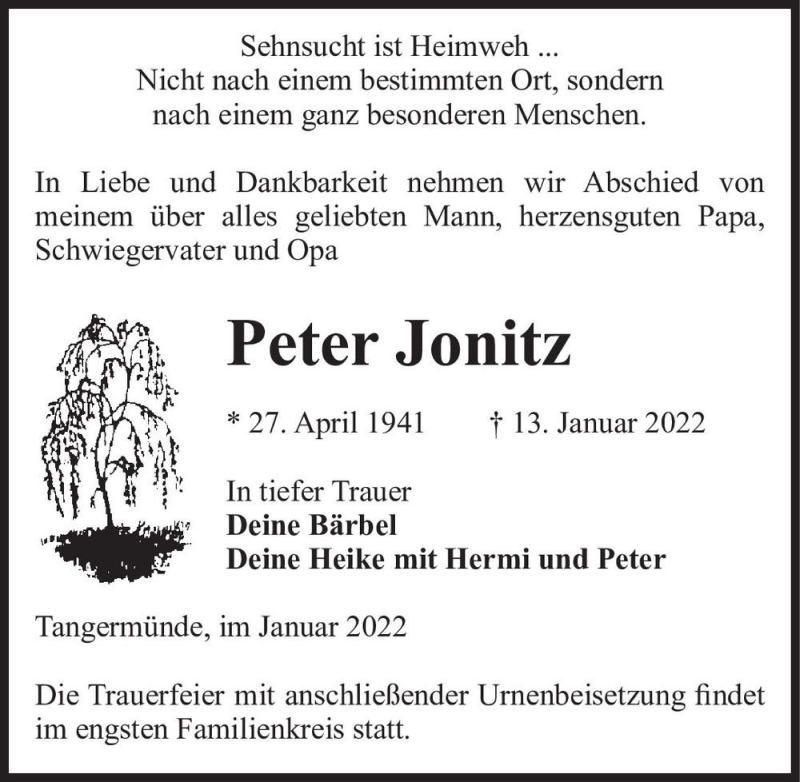  Traueranzeige für Peter Jonitz  vom 19.01.2022 aus Magdeburger Volksstimme