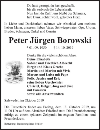 Traueranzeige von Peter Jürgen Borowski  von Magdeburger Volksstimme