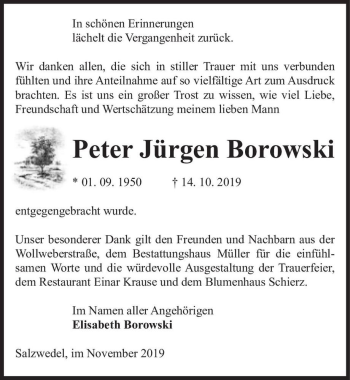 Traueranzeige von Peter Jürgen Borowski  von Magdeburger Volksstimme