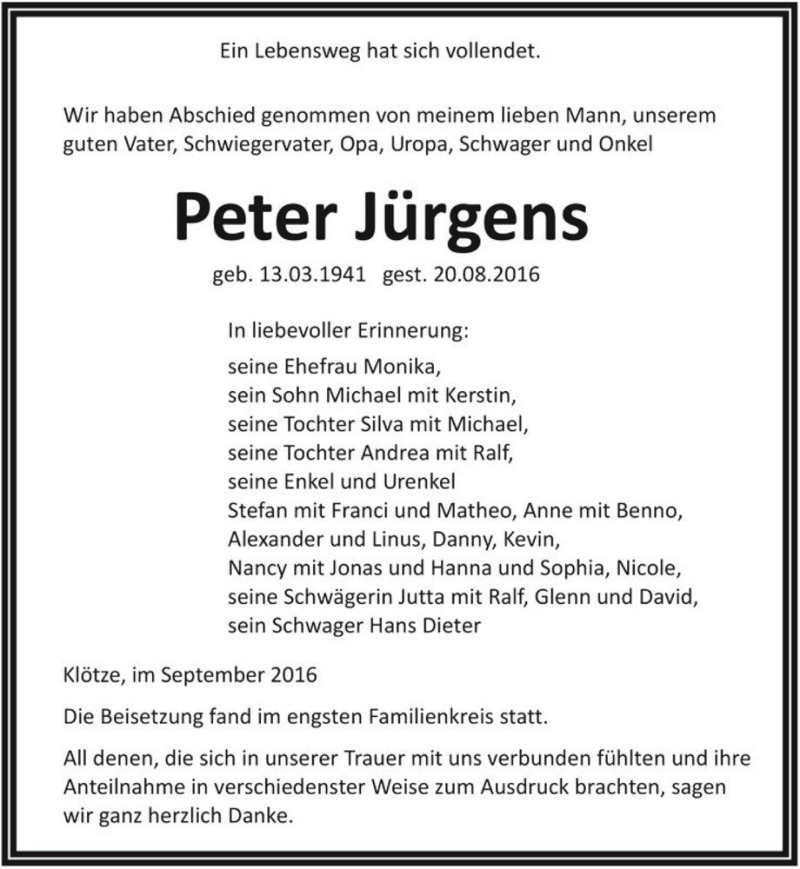  Traueranzeige für Peter Jürgens  vom 14.09.2016 aus Magdeburger Volksstimme