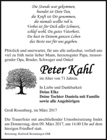 Traueranzeige von Peter Kahl  von Magdeburger Volksstimme