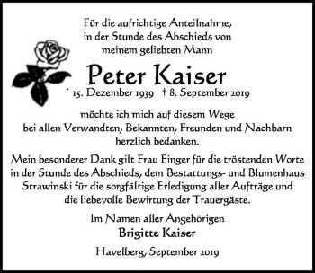Traueranzeige von Peter Kaiser  von Magdeburger Volksstimme