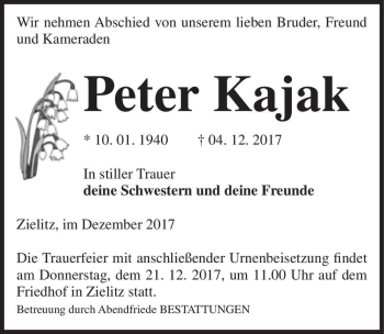 Traueranzeige von Peter Kajak  von Magdeburger Volksstimme