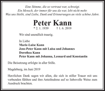 Traueranzeige von Peter Kann  von Magdeburger Volksstimme