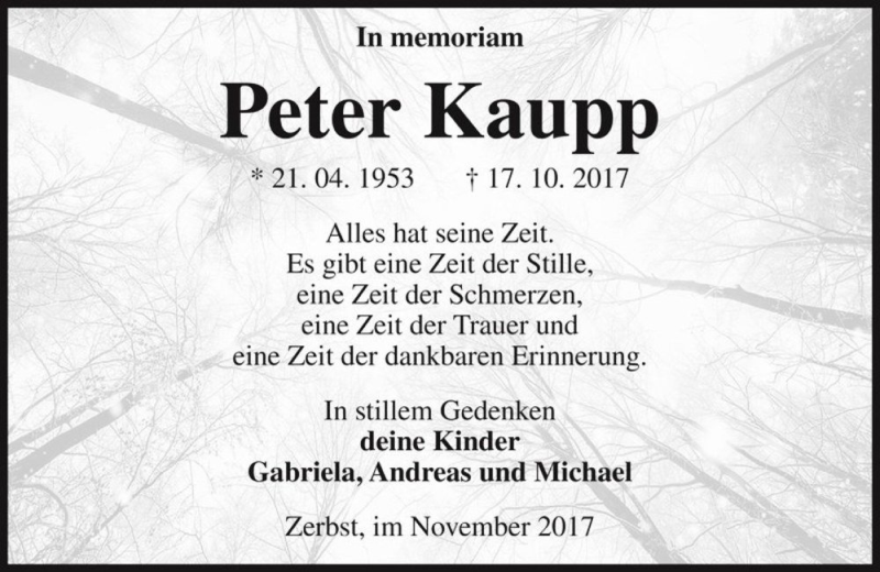  Traueranzeige für Peter Kaupp  vom 25.11.2017 aus Magdeburger Volksstimme