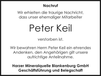 Traueranzeige von Peter Keil  von Magdeburger Volksstimme