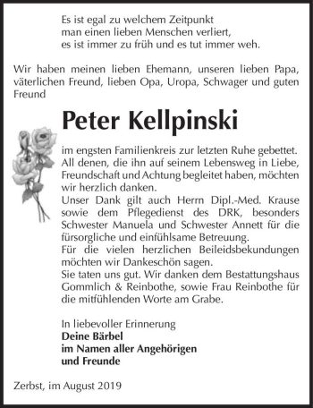 Traueranzeige von Peter Kellpinksi  von Magdeburger Volksstimme