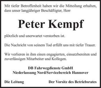 Traueranzeige von Peter Kempf  von Magdeburger Volksstimme