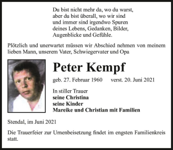Traueranzeige von Peter Kempf  von Magdeburger Volksstimme