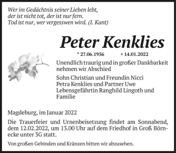Traueranzeige von Peter Kenklies  von Magdeburger Volksstimme