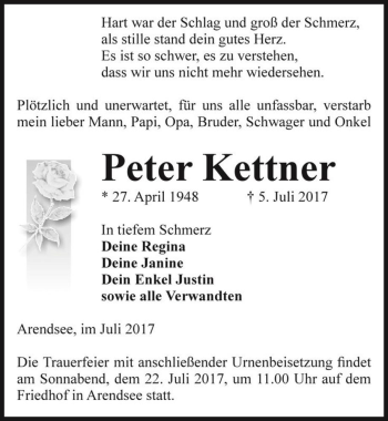 Traueranzeige von Peter Kettner  von Magdeburger Volksstimme