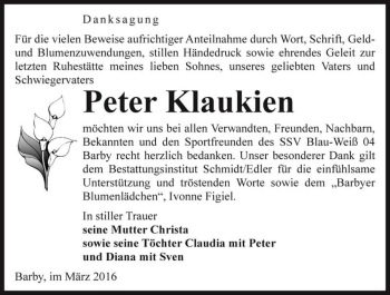 Traueranzeige von Peter Klaukien  von Magdeburger Volksstimme