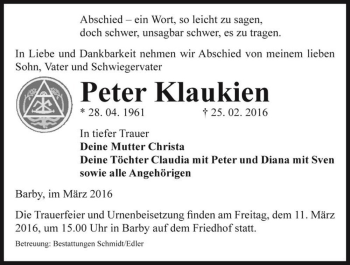 Traueranzeige von Peter Klaukien  von Magdeburger Volksstimme
