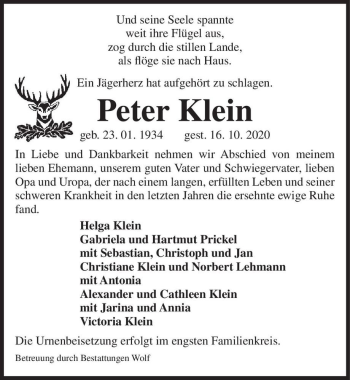Traueranzeige von Peter Klein  von Magdeburger Volksstimme