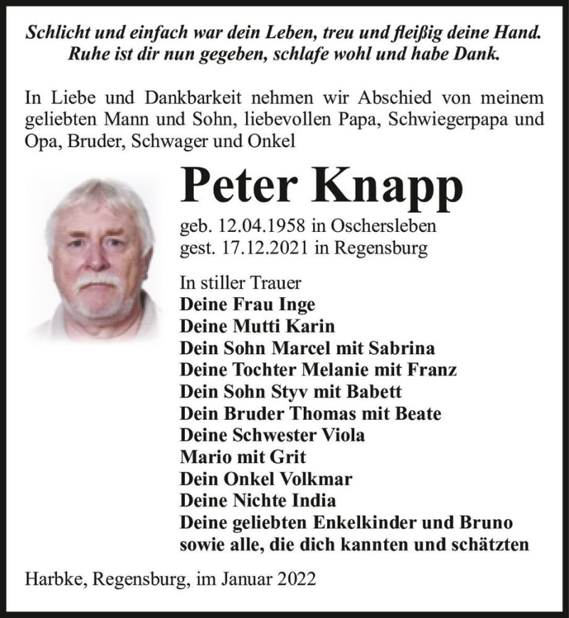  Traueranzeige für Peter Knapp  vom 08.01.2022 aus Magdeburger Volksstimme
